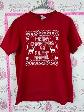 T-shirt Red Short Sleeve Graphic Tee Holiday 'Merry Christmas Ya Filthy Animal'